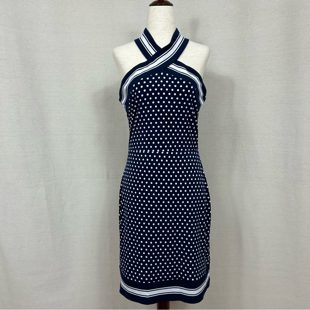 Michael Kors Navy and White Polka Dot Halter Dress Size Small